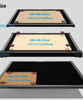 Heat-resistant honeycomb laser bed with steel frame; front view shows 400×400, 440×440, 500×500 mm sizes.