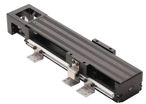 Compact High-Precision Linear Motion Guide Rail Actuator System Module With Custom Stroke For Small Footprint Projects, Rock-Solid Performance For CNC, Robotics, And Auto-Assembly. Black aluminum linear guide actuator with mounting brackets.