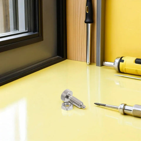 Stainless Steel Spring Loaded Plunger Pin With M10 Thread Offers Quick Lock Action And High Precision Plus 0.02mm Accuracy For Robotic Joints And Heavy Machinery In Industrial Settings on a yellow surface with tools.
