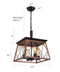 Farmhouse Rustic Square Chandelier Bronze And Black 4 Light Vintage Vibe Ceiling Light Fixture with dimensions and chain shown