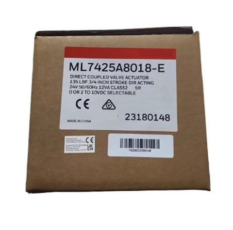 Heavy Duty Direct Coupled Linear Valve Actuator ML7425A8018-E box showing specifications and model details for industrial use.