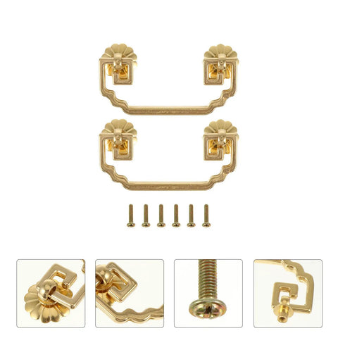 Two Pack Vintage Brass Wardrobe Door Handles And Copper Cabinet Drawer Pulls In Chinese Style Furniture Hardware, with mounting screws shown.