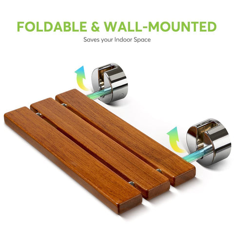 20-Inch Teak Folding Shower Seat Bench With Wall Mount, Fold-Down Shower Chair For Inside Showers, stainless frame detail