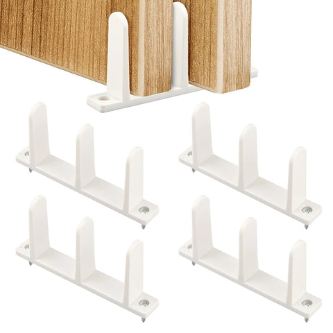 4 Pack Universal Closet Door Floor Guide Kit For One Three Eighths Inch Thick Doors ABS Sliding Door Bottom Guide White Durable Plastic Rail System With Eight Screws For Easy Installation, showing white plastic guides with wood doors.