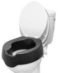 4 Inch Soft Raised Toilet Seat With Lid For Easy Sit Down And Stand Up Handles Included, 300 Lb Capacity, Black on white bowl