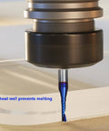 Single Flute Upcut Spiral End Mill For CNC Router Use With NACO Coating For Smooth Plastic Cutting Mirror Finish One Eighth Diameter One Half Inch Cutting Height One Quarter Shank Two Inch Length UT188 in action cutting plastic.