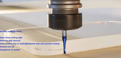 Single Flute Upcut Spiral End Mill For CNC Router Use With NACO Coating For Smooth Plastic Cutting Mirror Finish One Eighth Diameter One Half Inch Cutting Height One Quarter Shank Two Inch Length UT188 in action cutting plastic.