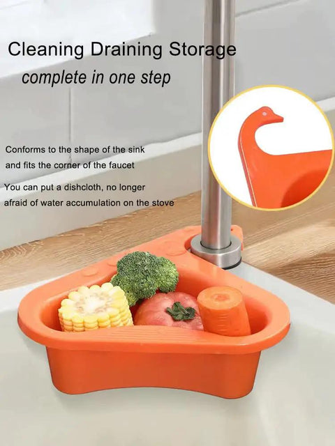 Four Pack Kitchen Sink Drain Basket Set in orange, triangular drain rack filter hanging on faucet with vegetables, fits all sinks.