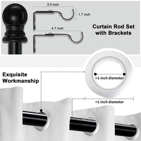 1 Inch Black Curtain Rods Beefy Heavy Duty Adjustable Splicing Curtain Rod With Brackets Fits 30 To 44 Inches Easy Install Hardware Included For Windows Ideal For Living Rooms And Bedrooms With Simple Mounting featuring detailed measurements and design elements.