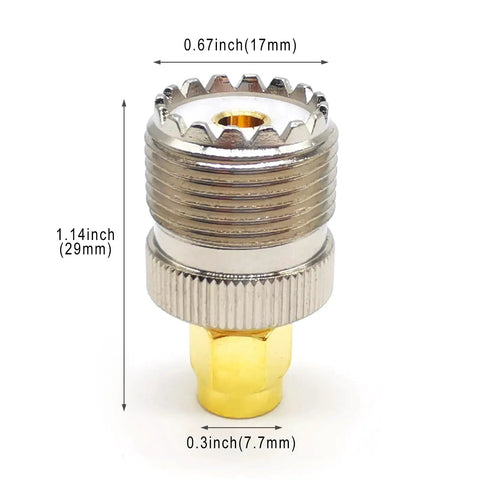 Two Pack SO239 To SMA Antenna Coax Adapters PL259 UHF Female To SMA Male Connectors with dimensions in inches.
