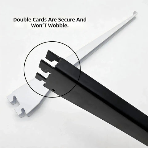 Black and white sturdy carbon steel shelf brackets for slotted shelves beefy heavy duty wall mount hardware with double cards detail