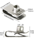 Forty Pack Quarter Inch By Twenty Thread Stainless Steel U Nuts Clip On Panel Mounting Hardware, showing sizes and details.