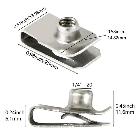 Forty Pack Quarter Inch By Twenty Thread Stainless Steel U Nuts Clip On Panel Mounting Hardware, showing sizes and details.