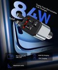 Retractable Car Charger Featuring Hella Convenient 36W Retracted Cable Plus Extra USB C And USB A Ports For Up To 75W Fast Charging Keeps Your Devices Running Smooth, showcasing 84W total capacity.