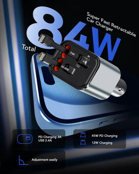 Retractable Car Charger Featuring Hella Convenient 36W Retracted Cable Plus Extra USB C And USB A Ports For Up To 75W Fast Charging Keeps Your Devices Running Smooth, showcasing 84W total capacity.