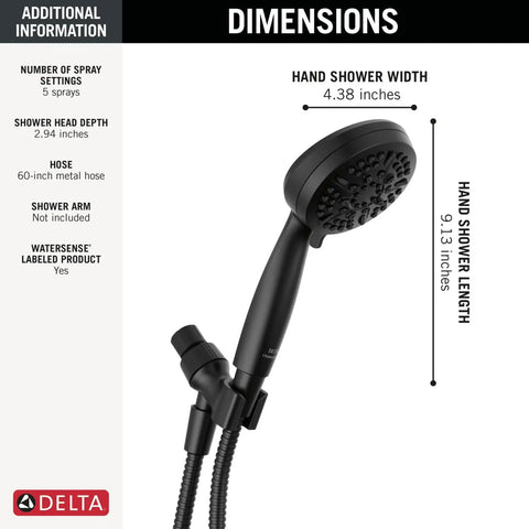 Heavy Duty Five Setting Handheld Shower Head Matte Black Detachable Hand Shower With Slick Hose Hella Strong High Pressure Spray For Instant Bathroom Refresh