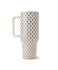 40oz Polka Dot Insulated Tumbler Featuring A Spill Proof Flip Straw And Comfort Grip Handle, shown from the side.