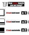 Infographic showing Chrome Towel Bar 27 Inch holding various towels: 1 bath towel, 2 hand towels, 2 washcloths.