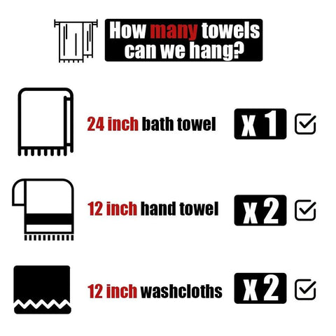Infographic showing Chrome Towel Bar 27 Inch holding various towels: 1 bath towel, 2 hand towels, 2 washcloths.
