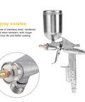 Compact Pneumatic Spray Gun With Tight 0.5mm Nozzle And 125ml Gravity Cup delivers detailed view of stainless steel nozzle and gravity cup.