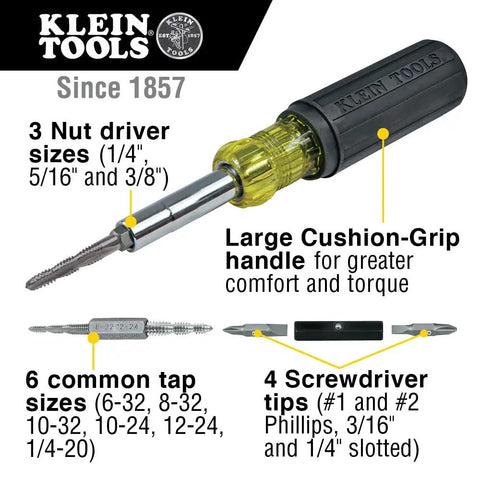 All In One Multi Bit Screwdriver And Tap Tool With Six Tap Sizes Including 6-32, 8-32, 10-32, 10-24, 12-24, 1/4-20, features labeled parts.