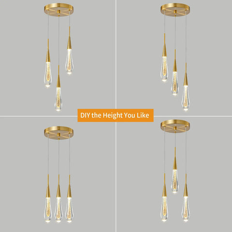 Gold Brushed Brass 3 Light Teardrop Crystal Pendant Ceiling Light For Kitchen Island Bedroom Hallway And Entryway Dimmable LED Modern Pendant Fixture That Pops