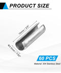 60 Pcs Slotted Split Roll Pins 3.5mm Diameter X 10mm Length Steel Dowels For Quick Secure Fastening, silver, close-up view