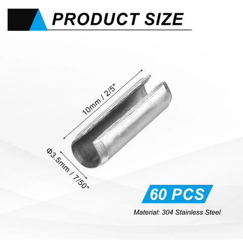 60 Pcs Slotted Split Roll Pins 3.5mm Diameter X 10mm Length Steel Dowels For Quick Secure Fastening, silver, close-up view