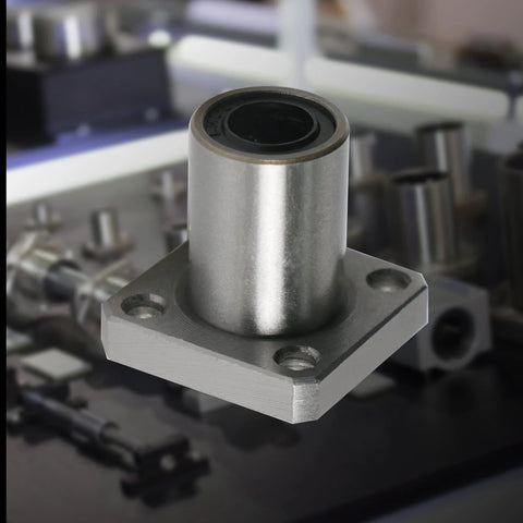 LMK10UU flange-square linear bearing with 10 mm bore; silver metal housing and four mounting holes