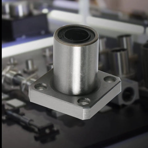 LMK6UU Square Flange Linear Ball Bearing smooth gliding action with a six mm inner diameter and twelve mm outer diameter.