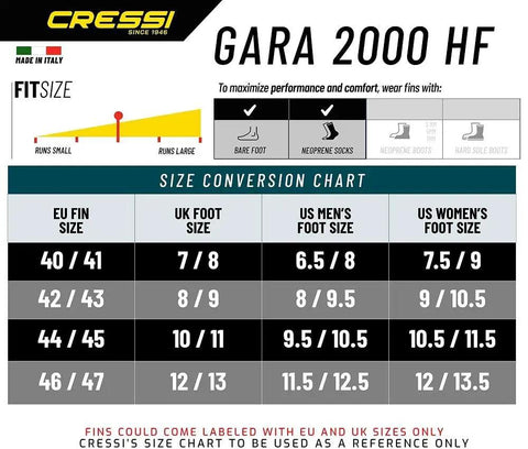 Size chart for Gara 2000 HF Dive Fins showing foot size conversions for EU and US sizes, includes fit recommendations.