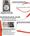 Detailed close-up of components from 6Ft Fiberglass Travel Pole Spear Set With 3 Prong Paralyzer Hand Spear Harpoon, showing premium rubber band and specifications.