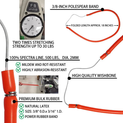 Detailed close-up of components from 6Ft Fiberglass Travel Pole Spear Set With 3 Prong Paralyzer Hand Spear Harpoon, showing premium rubber band and specifications.