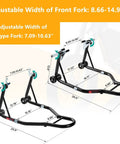 Diagram showing adjustable components of Beefed Up Heavy Duty Rear Wheel Lift Motorcycle Stand up to 850 lbs with UL fork