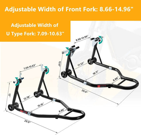 Diagram showing adjustable components of Beefed Up Heavy Duty Rear Wheel Lift Motorcycle Stand up to 850 lbs with UL fork