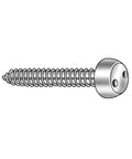 Pro Grade Tamper Resistant Pan Head Screws With A Rock Solid Size 14 Spanner Drive Two Inch Length Sold As Packs Of Twenty Five Rust Proof Stainless Steel Hardware For Tough Jobs Requiring Serious Security Without Any Nonsense Or Break Downs, showing a detailed view of a screw with two holes.