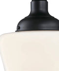 Close-up of Vintage Style Outdoor Ceiling Light One Light Semi Flush Mount In Textured Black With White Opal Glass For Front Porch And Balcony, 9 Inch Exterior Fixture, Outdoor Rated, 60W Max Bulb, Energy Efficient.