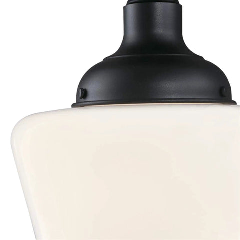 Close-up of Vintage Style Outdoor Ceiling Light One Light Semi Flush Mount In Textured Black With White Opal Glass For Front Porch And Balcony, 9 Inch Exterior Fixture, Outdoor Rated, 60W Max Bulb, Energy Efficient.