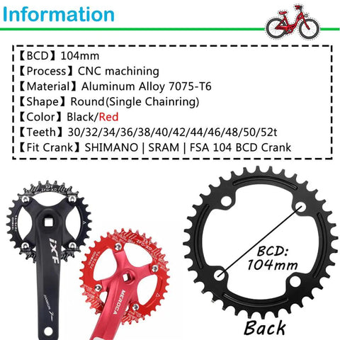 104 BCD Narrow Wide Bike Chainring For 1X Drivetrain 30T To 52T Range with visual specs and sprocket bolts