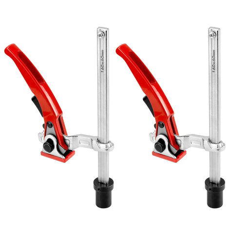 Built To Last Clamping Element 20mm Diameter For Multifunctional Tables, 160mm Clamping Range, 60mm Throat Depth, Chrome Plated Steel, Anti Pinch Soft Pads, Multi Angle Locking, Ratchet Arm For Fast Secure Hold; two clamps shown