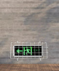Heavy Duty Exit Sign Wire Guard Cage For Wall Mounts protecting green exit light, iron shield on concrete wall, 15.7 by 8.19 inch.