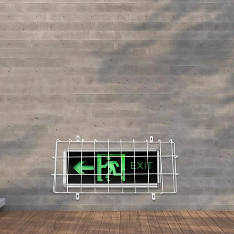 Heavy Duty Exit Sign Wire Guard Cage For Wall Mounts protecting green exit light, iron shield on concrete wall, 15.7 by 8.19 inch.