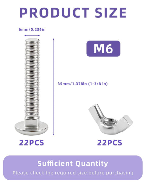 M6 Bolt and Butterfly Nut Set for dog crate repairs, includes 22 steel fasteners, each 35mm long and 6mm wide.
