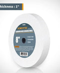 Heavy Duty 8 Inch Bench Grinder Wheels Two Pack White Aluminum Oxide 120 And 150 Grit 1 Inch Thick With 5/8 Arbor shown on a white background.