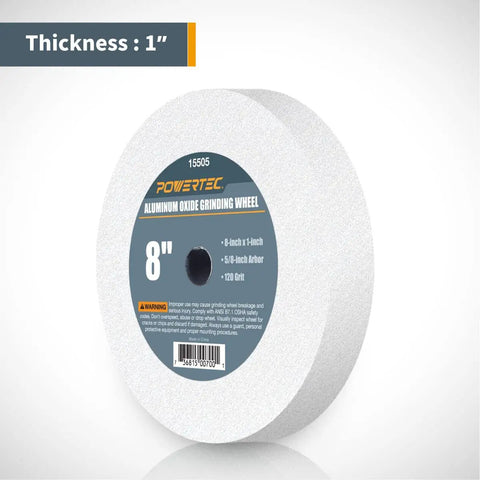 Heavy Duty 8 Inch Bench Grinder Wheels Two Pack White Aluminum Oxide 120 And 150 Grit 1 Inch Thick With 5/8 Arbor shown on a white background.