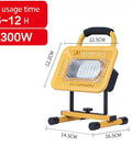 JUDYSSY Home Floodlight, Charging BBQ Camping Camp Field Lighting Outdoor Led Projection Portable Home Emergency Light Ip66/65, Rechargeable Work Light, 300W yellow portable LED work light with adjustable stand and usage time display.