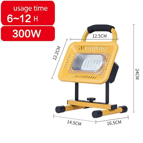 JUDYSSY Home Floodlight, Charging BBQ Camping Camp Field Lighting Outdoor Led Projection Portable Home Emergency Light Ip66/65, Rechargeable Work Light, 300W yellow portable LED work light with adjustable stand and usage time display.