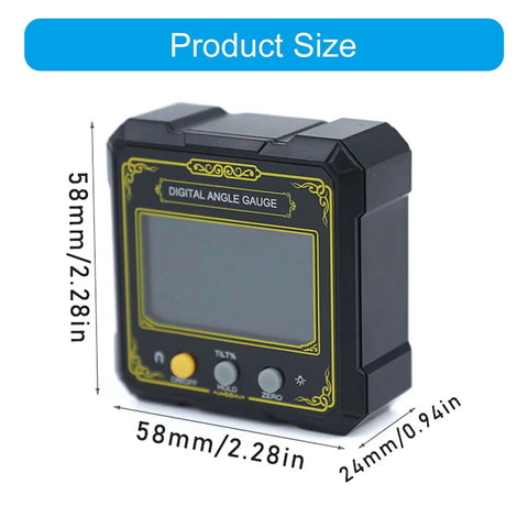 Dope Digital Protractor With Large LCD Screen Angled Meter Mount for woodworking, compact 58mm, black ABS materials, front view.