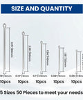 Diagram showing Stainless Steel Cotter Pin Set 50 Pieces Assortment Kit With 5 Sizes M1.5 X 25mm M2 X 30mm M2.5 X 40mm M3 X 60mm M4 X 80mm