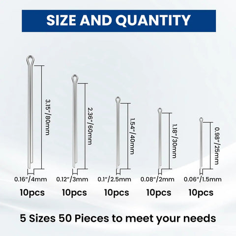 Diagram showing Stainless Steel Cotter Pin Set 50 Pieces Assortment Kit With 5 Sizes M1.5 X 25mm M2 X 30mm M2.5 X 40mm M3 X 60mm M4 X 80mm
